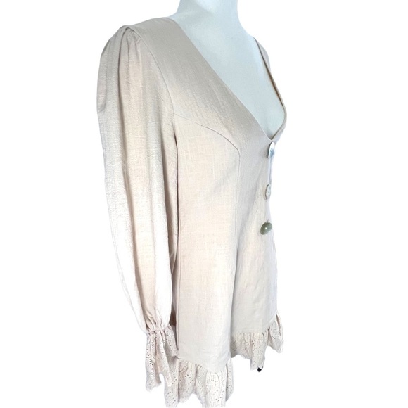 INDIKAH by Angel Biba Nude Low Cut U-neck Ruffle Linen Blend Mini Dress Medium - Picture 3 of 14